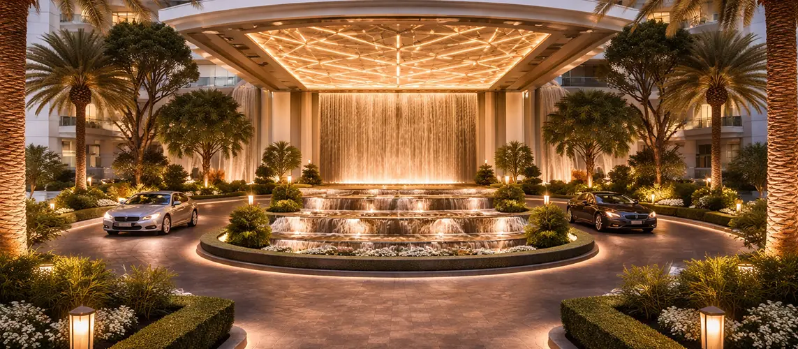 Lit arrival court and water feature at L&T Sector 86 Gurgaon