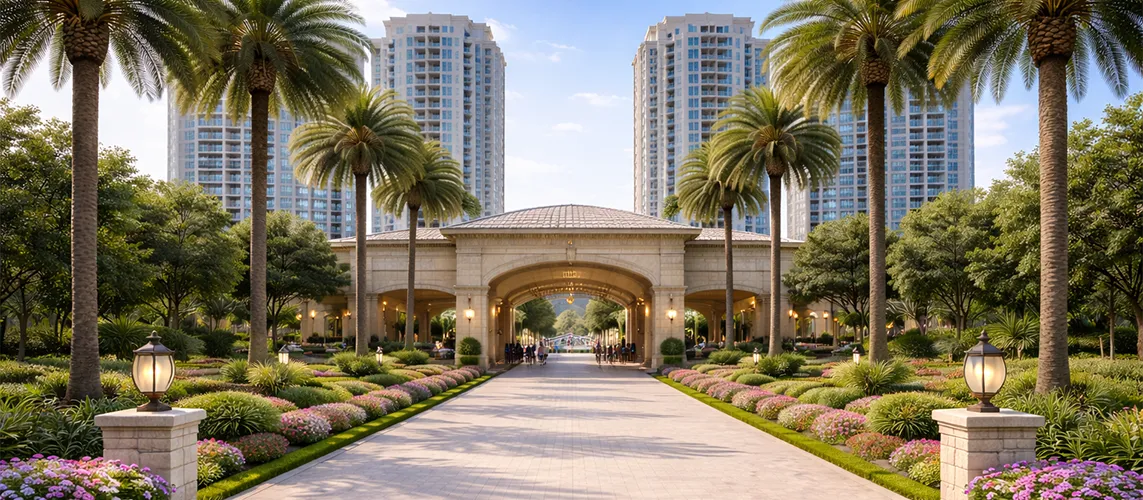 L&T Sector 86 Gurgaon grand entrance arch and palm-lined boulevard