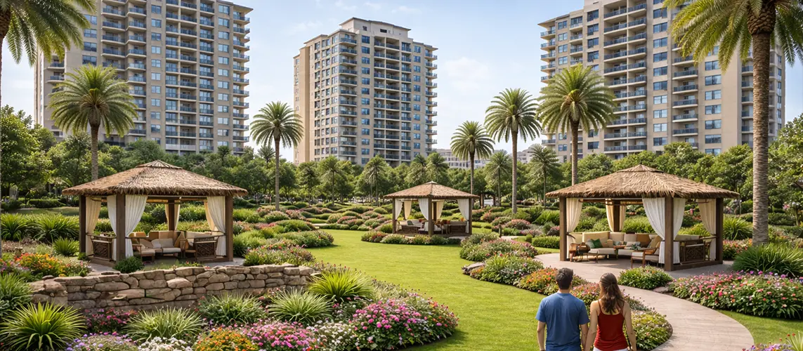 Landscaped gardens and cabanas at L&T Sector 86